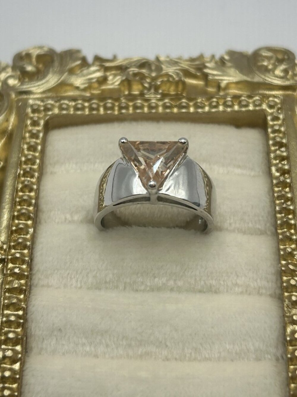 Size 7 Silver Tone Triangle Champagne CZ Glass Statement Ring Modern Bold